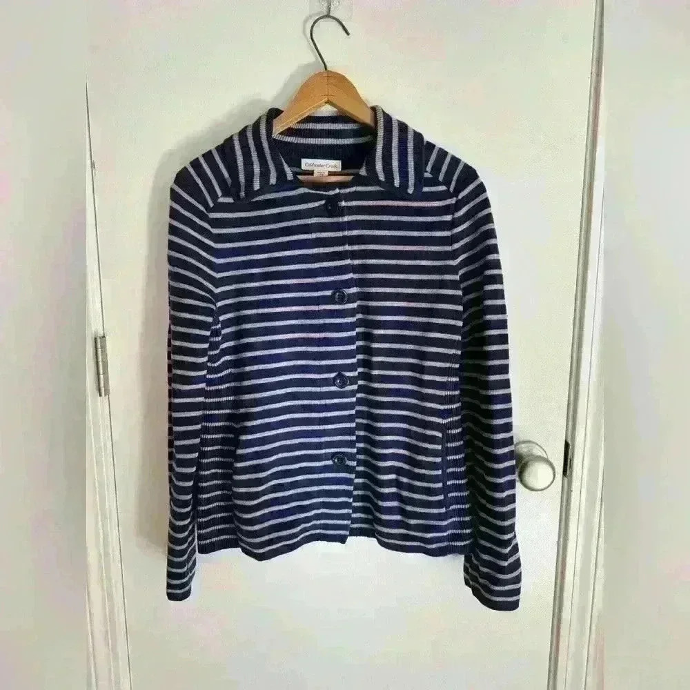 Button up knit striped blue collared cardigan by Coldwater Creek size small or 8